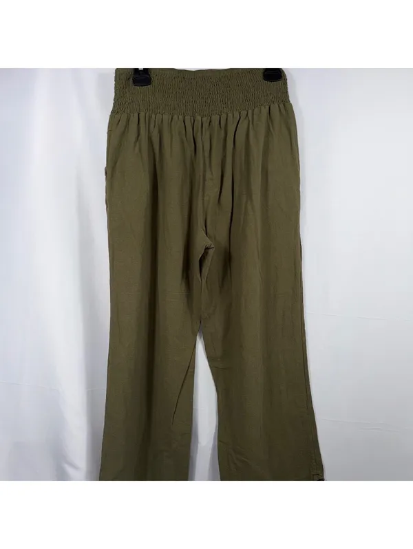 Olive Green Smocked Waist Wide Leg Pants M - Image 6