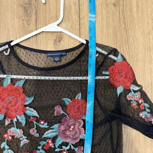 AEO Womens Dark‎ Romance Sheer Floral Appliqué Top Size Small Whimsigoth Fairy - Image 6
