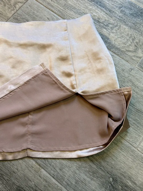 Altar'd State Shiny Tan Satin Silk Mini Skirt Lined With Slit Women’s Sz Small - Image 4