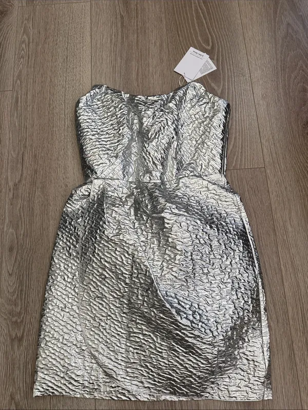 NWT & Other Stories Silver Strapless Jacquard Mini Metallic Party Dress Sz 4 - Image 3