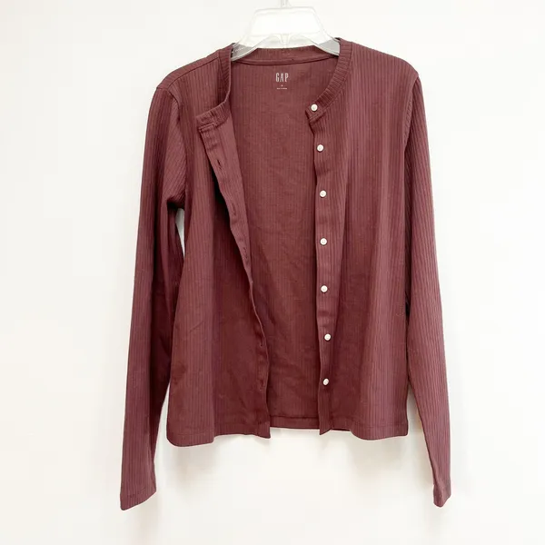 GAP Ribbed Button Up Long Sleeve Top Chocolate Brown Small - Image 2