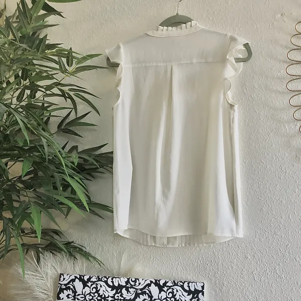Modcloth vintage inspired sleeveless cami top with neck pleats, button up down, arm sleeve ruffles - Image 2