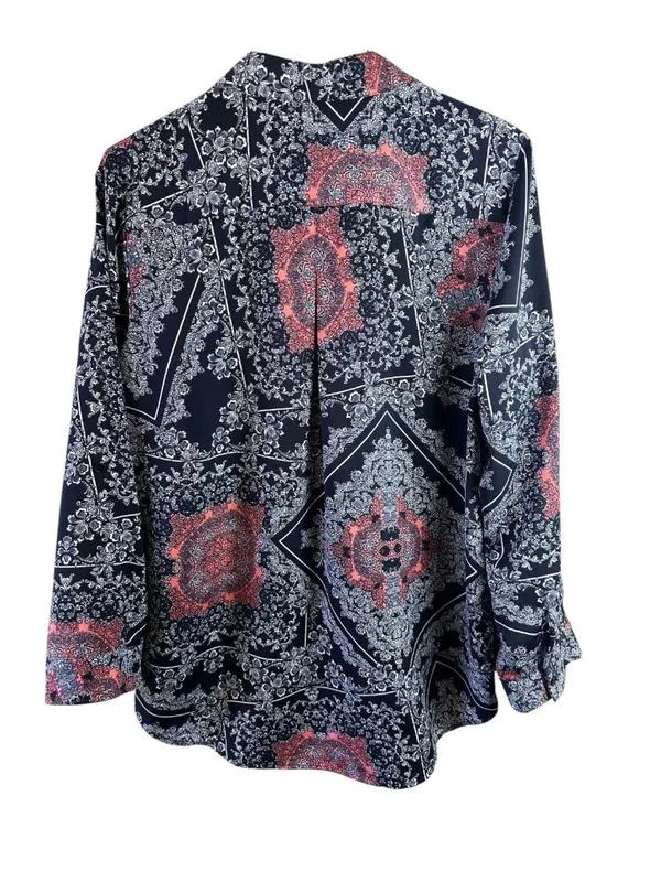 Chico's Navy Coral Medallion Scarf Print Tunic Top Long Sleeve Women's Size 2/L - Image 4