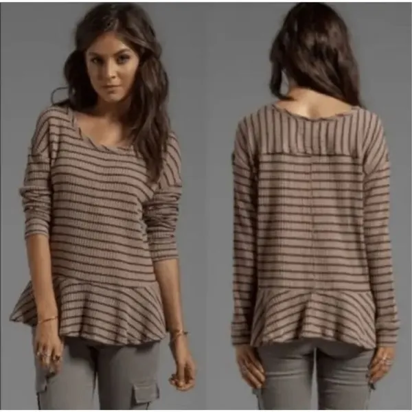 Free People Women's Striped Fringe Neck Thermal Peplum Top Brown Black‎ Size XS - Image 2