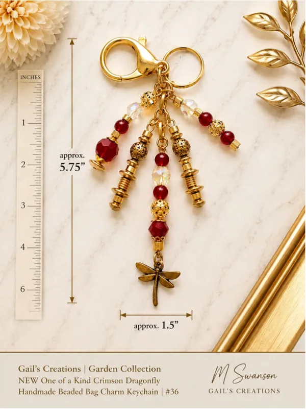 NEW One of a Kind Crimson Dragonfly Handmade Beaded Bag Charm Keychain (#36) - Image 5