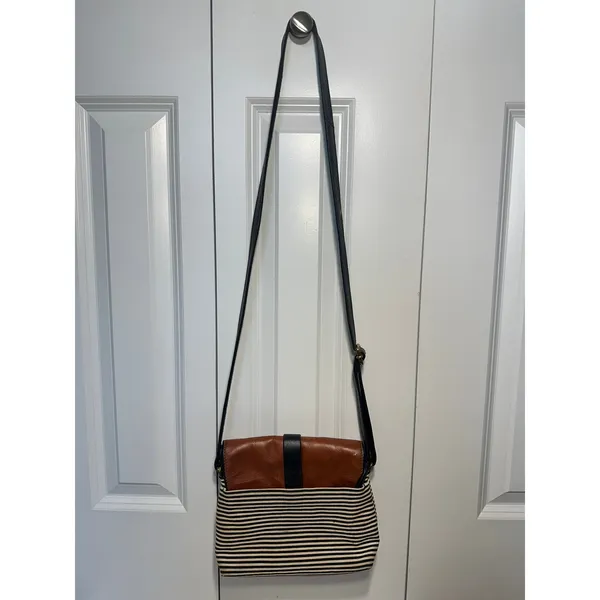 Fossil Kinley Crossbody Bag Womens Small Brown Striped Canvas Leather Flap Purse - Image 3
