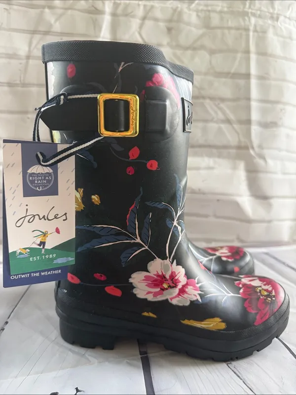 Joules Black Floral Waterproof Women's Rain Boots with Gold Buckle - Image 4