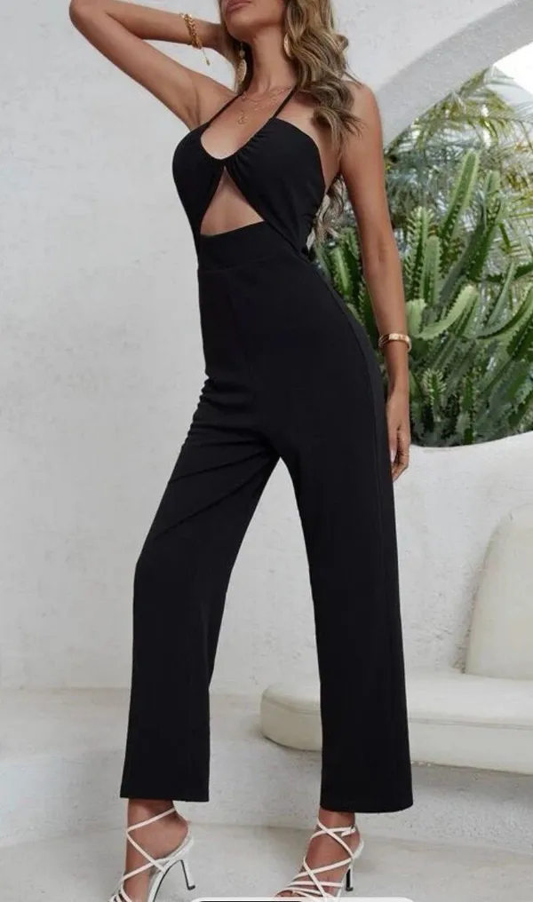 black front open cut jumpsuit open halter back Size M - Image 5