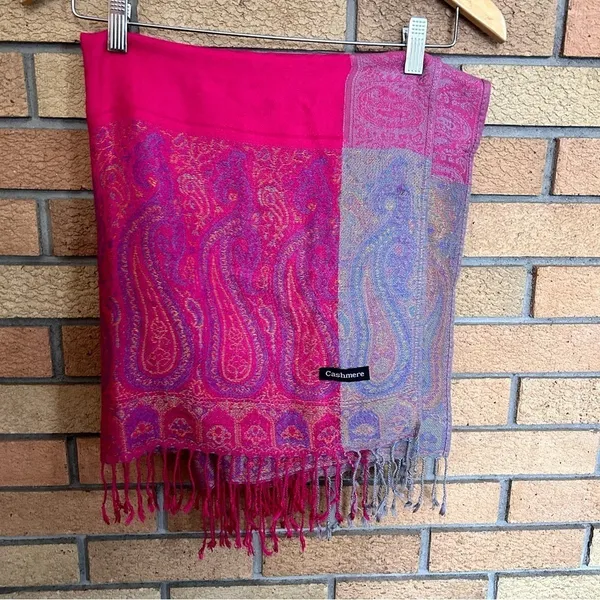 Cashmere Boho Pink Paisley Printed Scarf Wrap Shawl Fringe 70x23” READ - Image 2