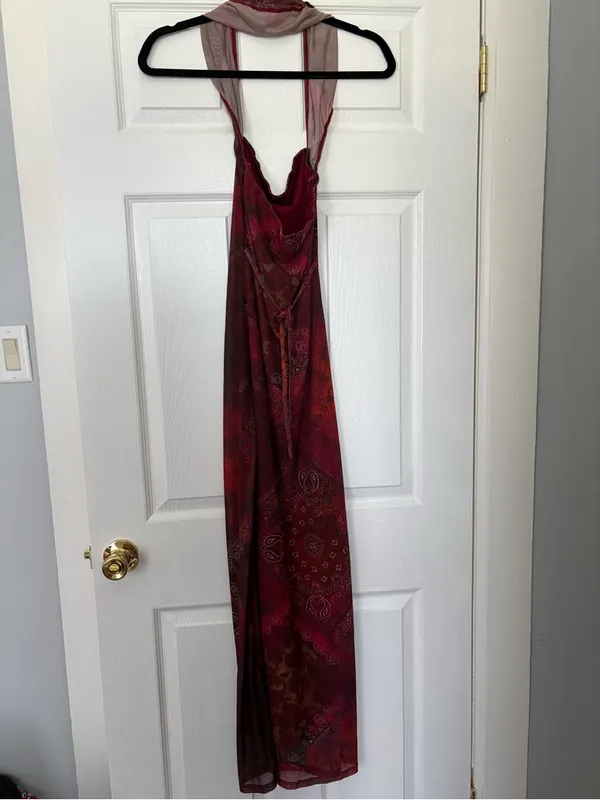 CIDER Red Paisley Mesh Halter Maxi Dress XS Y2K - Image 6