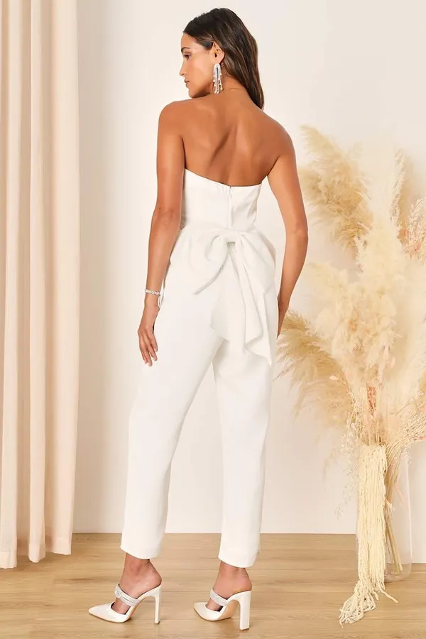 NWT Lulus Beloved Bliss Ivory Strapless Slim Leg Bow Jumpsuit Party Classy Sz S - Image 2