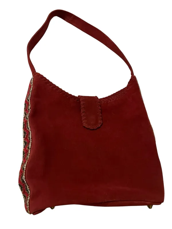 Sundance Leather Hobo Bag Suede Side Beaded Handbag Purse Southwest Boho Western - Image 2