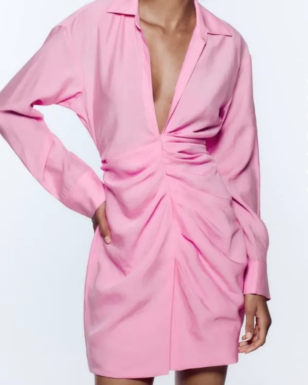 Zara Barbie Pink Draped Long Sleeve Dress Deep Vneck Collared M - Image 2
