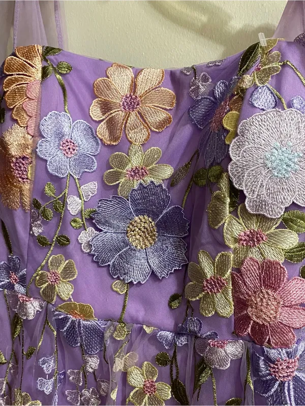 Womens L Large 42” Lavender Purple Mini Dress Embroidered Flowers Allover Fairy - Image 5