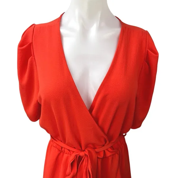 Aqua Women's Orange V-Neck Short Puff Sleeve Ruffle Belted Tie Mini Wrap Dress M - Image 3