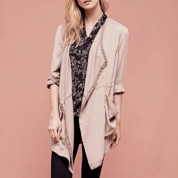 Anthropologie Hei Hei Tan Beige Long Sleeve V Neck Mid Length Coat Jacket Size M - Image 2