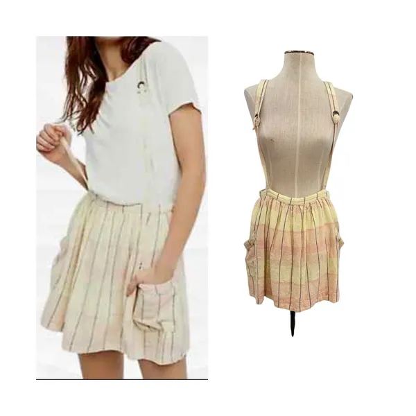 Free People Plaid Breeze Suspender Mini Skirt‎ Dress Yellow Linen Blend Size 4 - Image 2
