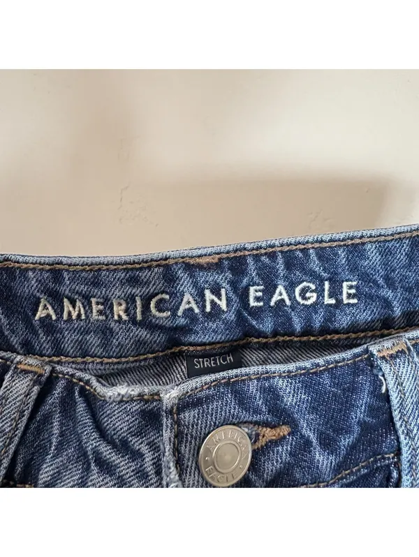 American Eagle Dark Wash Stretch Perfect Shortie Denim Shorts Cuffed Raw Hem 00 - Image 3
