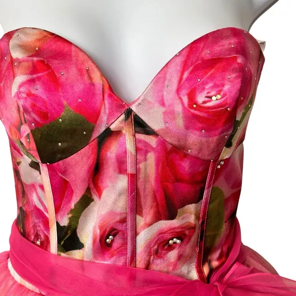 Sherri Hill Y2K VTG Bright Pink Floral Silk Tulle Tutu Prom Dress Size 4 - Image 8
