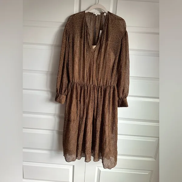 Vince Starry Dot Womens Dress M Medium Brown Long Sleeve Shirred Midi‎ $495 - Image 4