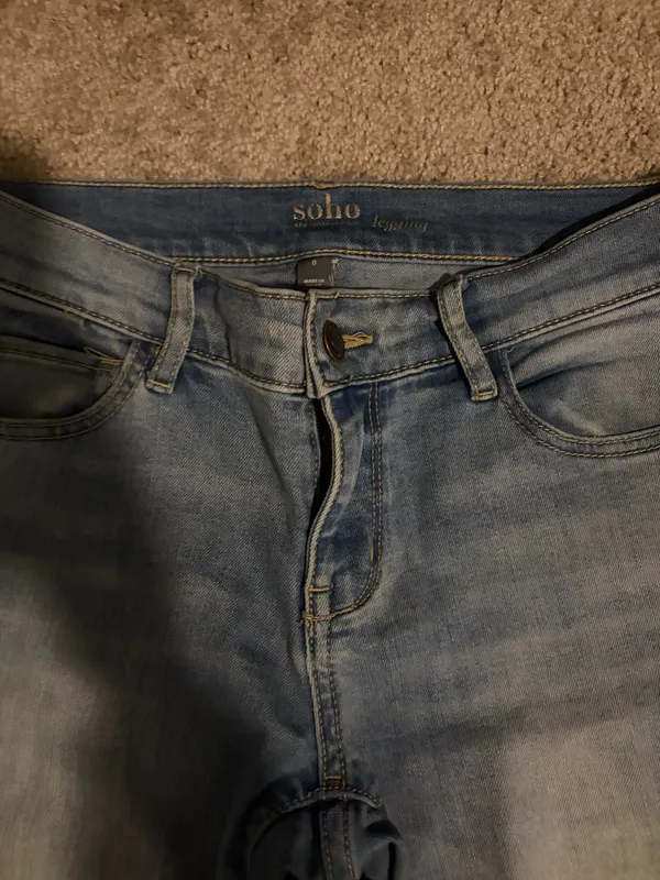 High waisted light wash, multi patched pattern jeans - Image 3