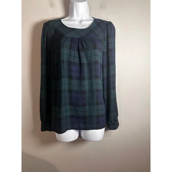 J.Crew Womens Black Watch Plaid Pleated Long Sleeve Blouse Green‎ Navy Blue M - Image 2