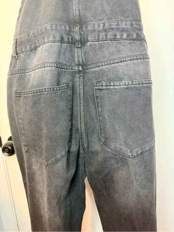 Love Tree Denim Overalls Size M Dark Wash Distressed Black Gray Overalls - Image 15
