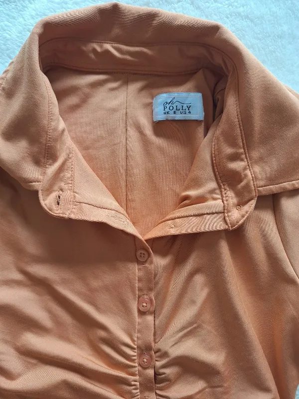 Oh Polly Caramel Ruched Long Sleeve Shirt Mini Dress US 4 - Image 7
