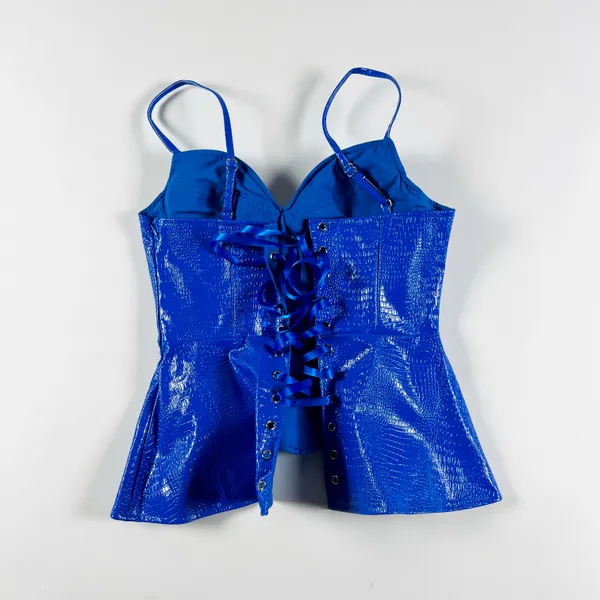 Akira Faux Vegan Leather Croc Embossed Lace Up Bustier Corset Tank Top Blue S - Image 3