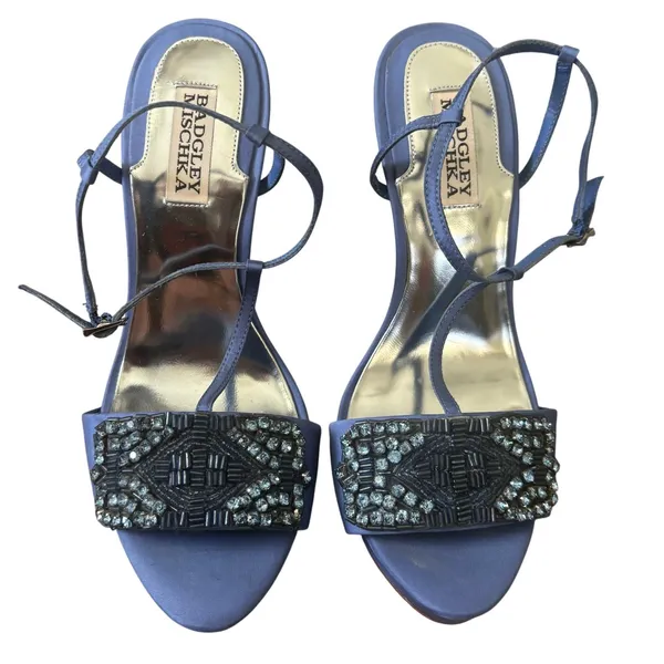 Badgley Mischka Amara T Strap Beaded Heels Sandals Sz 8.5 Light Blue Satin - Image 2