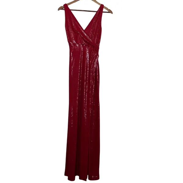 Halston Heritage Whitney Red Sequin Plunge Maxi Gown Size 4 - Image 2