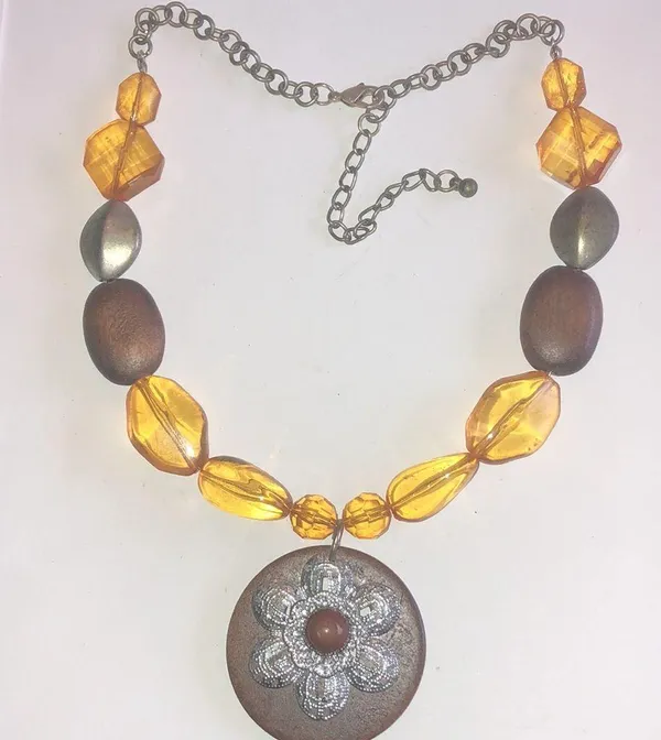 Brown and Yellow Beaded Necklace with Floral Boho Pendant - Image 2