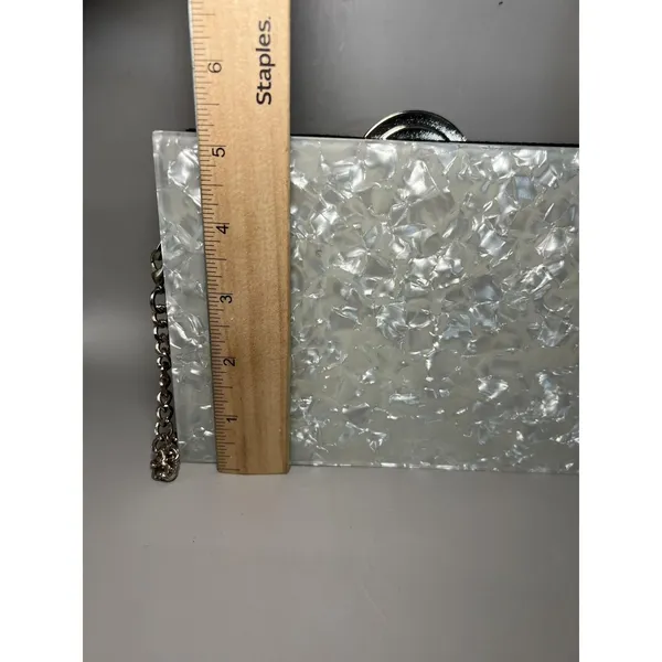 Zara Clutch Bag Womens Silver White Acrylic Shell Purse Chain Shoulder Evening - Image 10