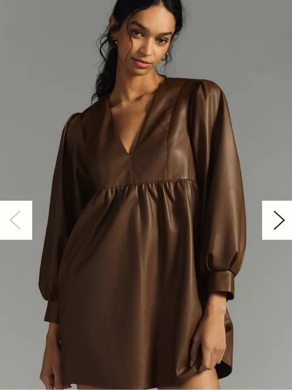 Anthropologie Deep-V Faux Leather Babydoll Dress Size XL - Image 6