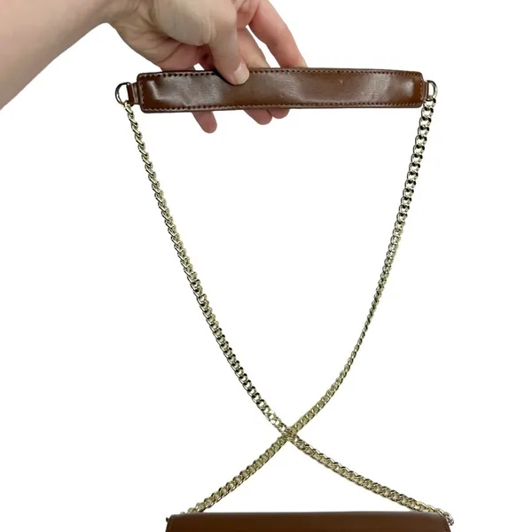 Faux Leather Brown Structured Gold Tone Horseshoe Chain Purse Bag - Image 6