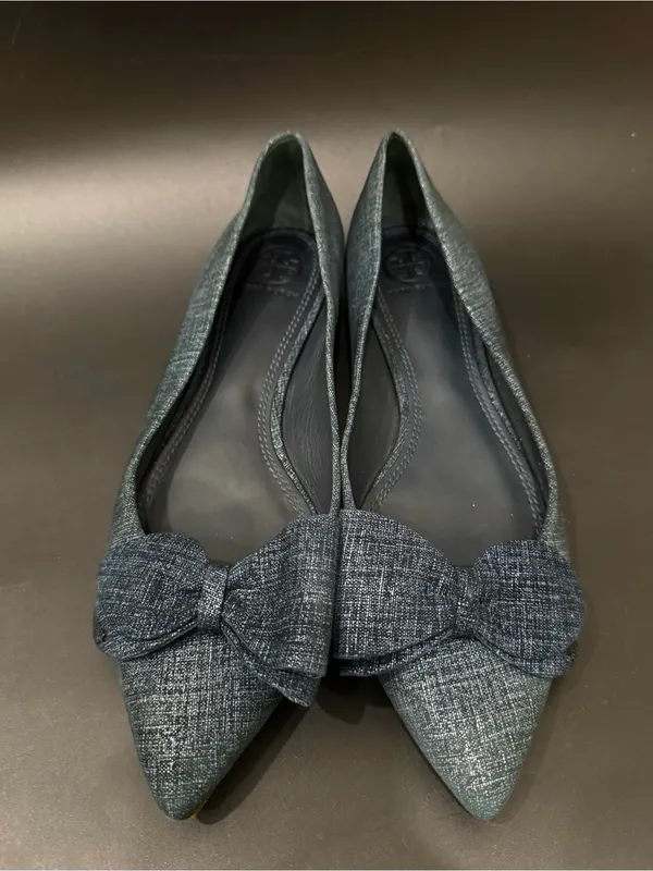 TORY BURCH Rosalind Navy Blue Denim Print Textured Suede Ballet Flats Size 8M - Image 3