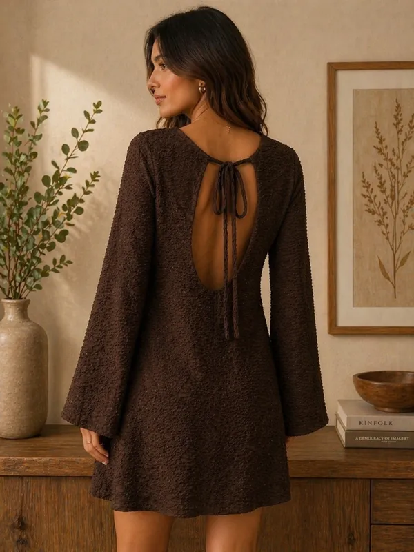 SheIn Brown Textured Long-Sleeve A-Line Dress - Image 2
