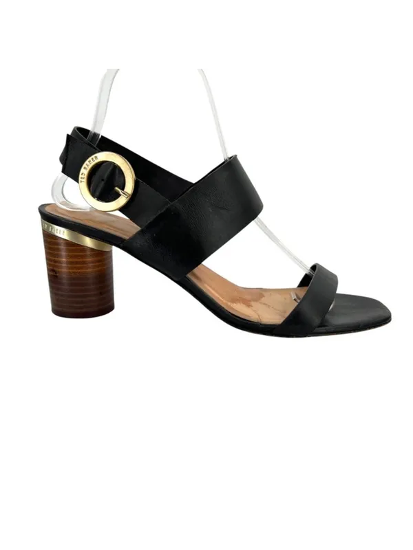 Ted Baker Azmara Black Leather Slingback Sandals Gold Buckle Block Heel Size 40 - Image 2