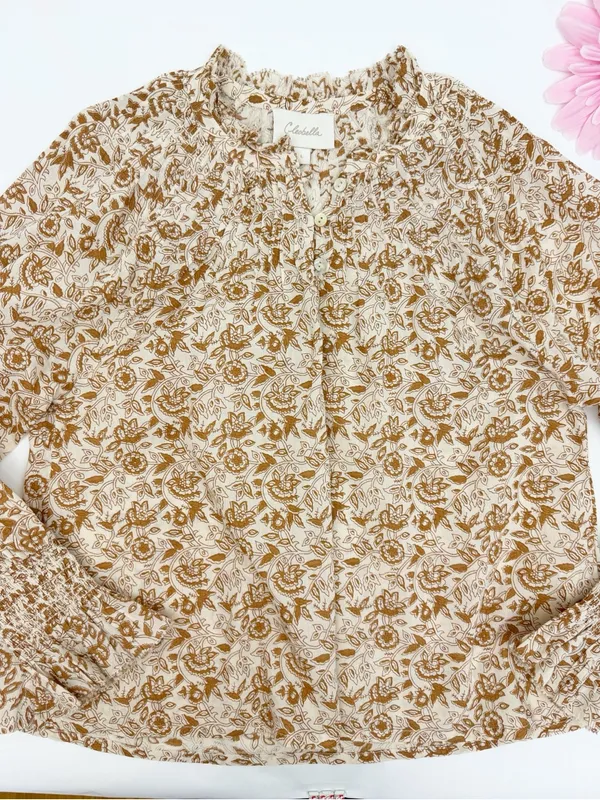 Cleobella Reza Blouse Peasant Tamil Block Print Floral Cotton Boho Brown Ivory - Image 6