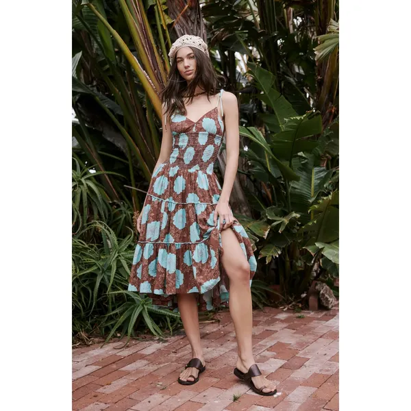Free People Bohemian Beachy Hawaiian Adriel Midi Dress Brown Blue Floral Size XL - Image 4