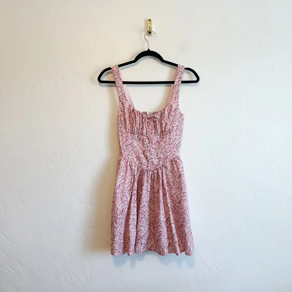 Reformation | Daria 100% Linen Basque Waist Floral Mini Dress in Rosin Pink - Image 4