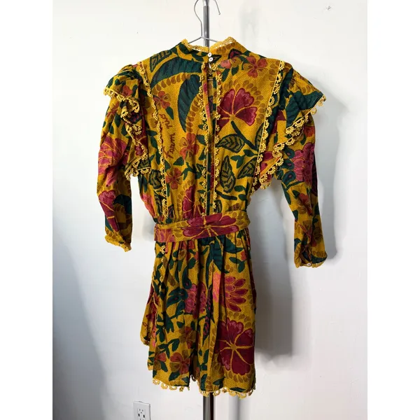 Farm Rio Mini Dress Yellow Floral Ruffle Pom Pom Trim Mock Neck Belted - Image 8