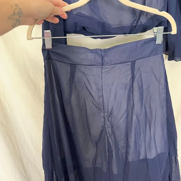 Source Unknown 2 Piece Navy Blue Chiffon Matching Pantsuit Set Size M - Image 3