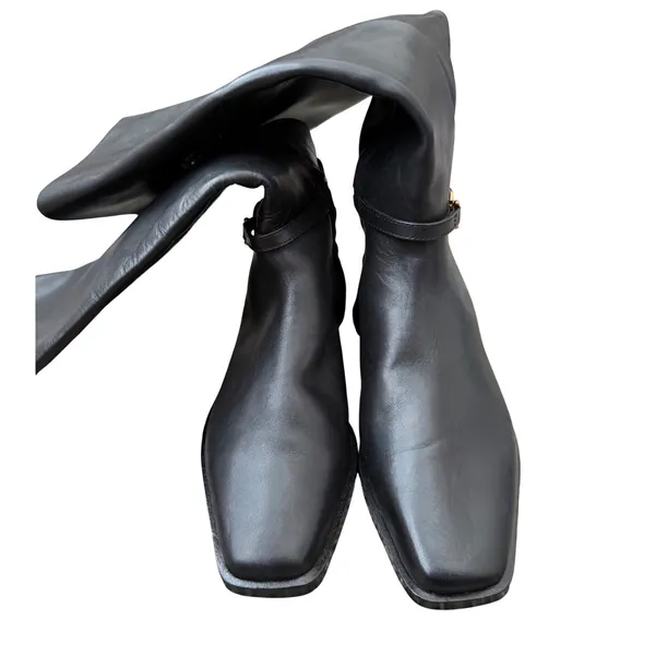 Sam Edelman Clive Black Leather Square Toe Knee High Boots Gold Hardware 7M - Image 5