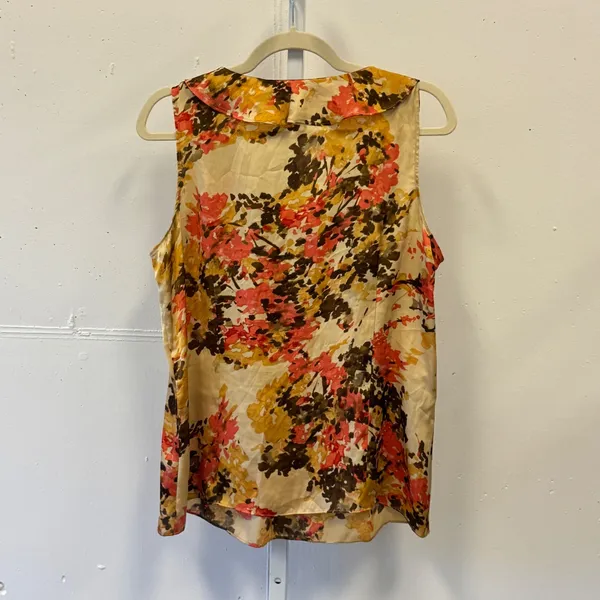 Y2K Anne Klein Floral Ruffle V-Neck Sleeveless Blouse Orange Yellow Womens Large - Image 2