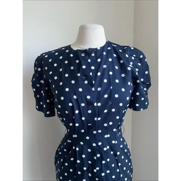 Vintage Polka Dot Navy Button-Front Dress Puff Sleeve Womens Sz 4 Petite - Image 3