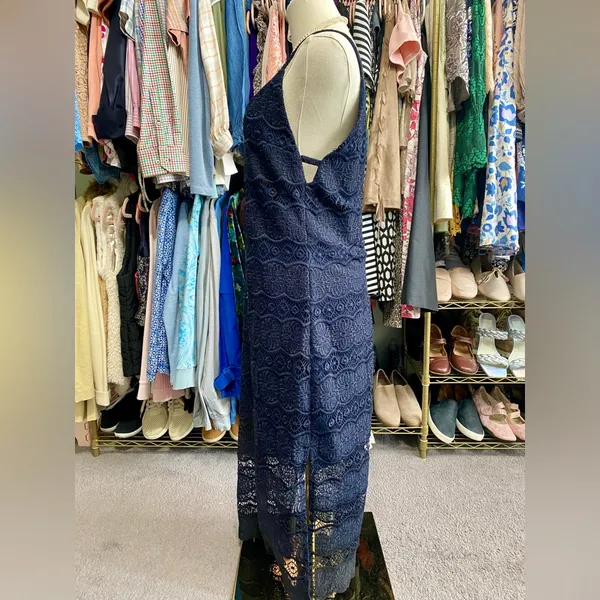 Betsey Johnson Navy Blue Lace Midi Dress - Sheer Scalloped Hem Size 6 - Image 4