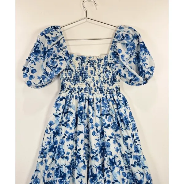 Abercrombie Fitch Midi Dress Blue Toile De Jouy Smocked Puffed Cottagecore Small - Image 9