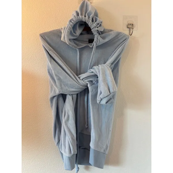 C+P Chuck & Potter‎ Light Blue Velour Hoodie Pullover Sweatshirt L - Image 2