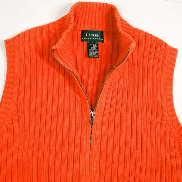 Lauren Ralph Lauren Vest Womens Large Orange Cotton Ribbed Full Zip Mock Neck - Image 6